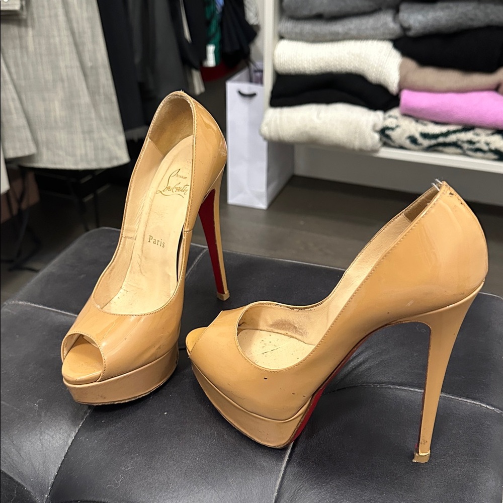 Christian Louboutin Lady Peep Tan Peep Toe Platform Pumps